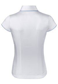 Weißes Kurzarm-Bluse mit umgeschlagenem Kragen, blauen Paspeln entlang der Kanten und vertikalen Nähten für eine taillierte Form. Glatte Textur.