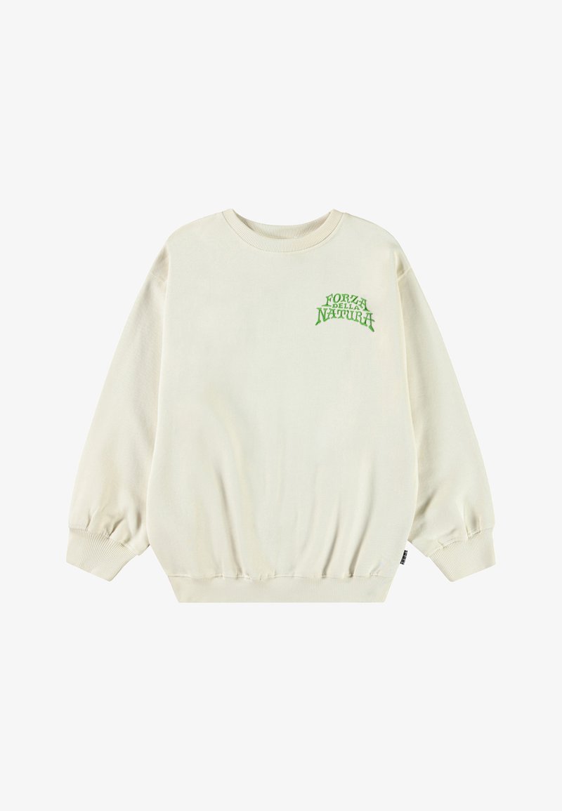 Krém színű pulóver ballon ujjakkal, bordás mandzsettákkal és szegéllyel. Elöl zöld hímzett felirat található: "FORZA DELLA NATURA".