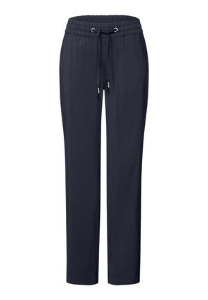 Pantaloni leggeri navy con vita elastica e cordoncino regolabile. Presentano gambe dritte e una texture liscia.