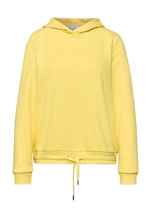 Hoodie jaune à manches longues avec ourlet à cordon de serrage ajustable et poignets côtelés, en tissu doux, présenté sur un fond uni.