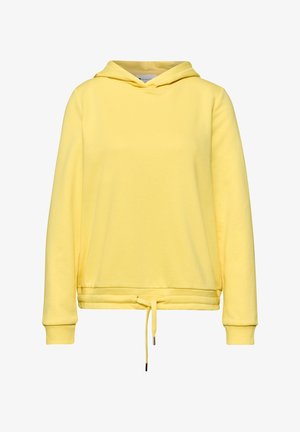 Felpa con cappuccio gialla a maniche lunghe con orlo regolabile a coulisse e polsini a costine, realizzata in tessuto morbido, mostrata su sfondo semplice.