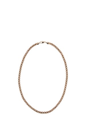 Kultaketju, jossa on toisiinsa kytkeytyviä linkkejä, jotka on valmistettu kultasävyisestä materiaalista ja joissa on sileä pinta sekä turvallinen hummerilukko.