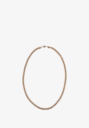 Naszyjnik w kolorze złotym z łańcuchem, składający się z złączonych ogniw o gładkiej powierzchni oraz bezpiecznym zapięciem na karabińczyk.