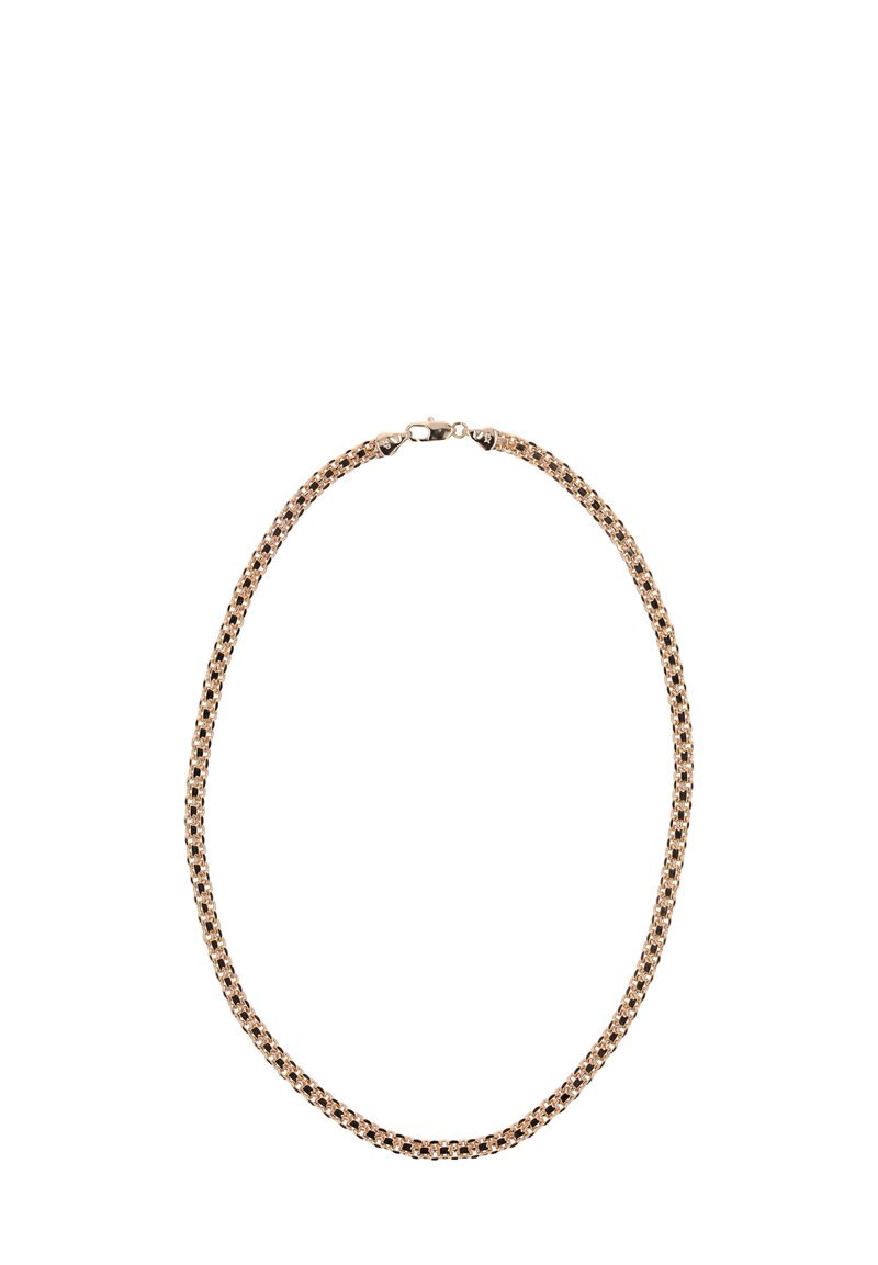 Aranyszínű láncnyaklánc, amely összekapcsolt karikákból áll, sima felülettel és biztonságos homárkapoccsal.