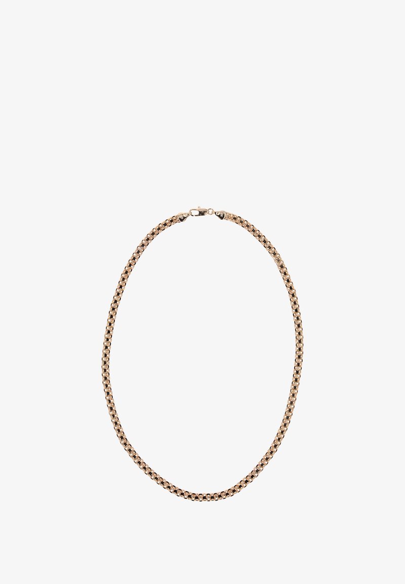 Aranyszínű láncnyaklánc, amely összekapcsolt karikákból áll, sima felülettel és biztonságos homárkapoccsal.