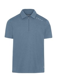 Kék rövid ujjú polo ing cipzáras gallérral, texturált anyagból, és három kisebb fehér díszítéssel a bal váll mellett.