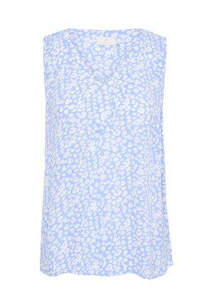 Top sans manches en tissu bleu clair avec un motif floral blanc. Design en V, texture douce et coupe décontractée.