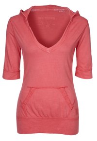 Korallrosa hoodie med trekvartsärmar, V-ringning, framficka och textilstruktur. Kontraststickningsdetaljer.