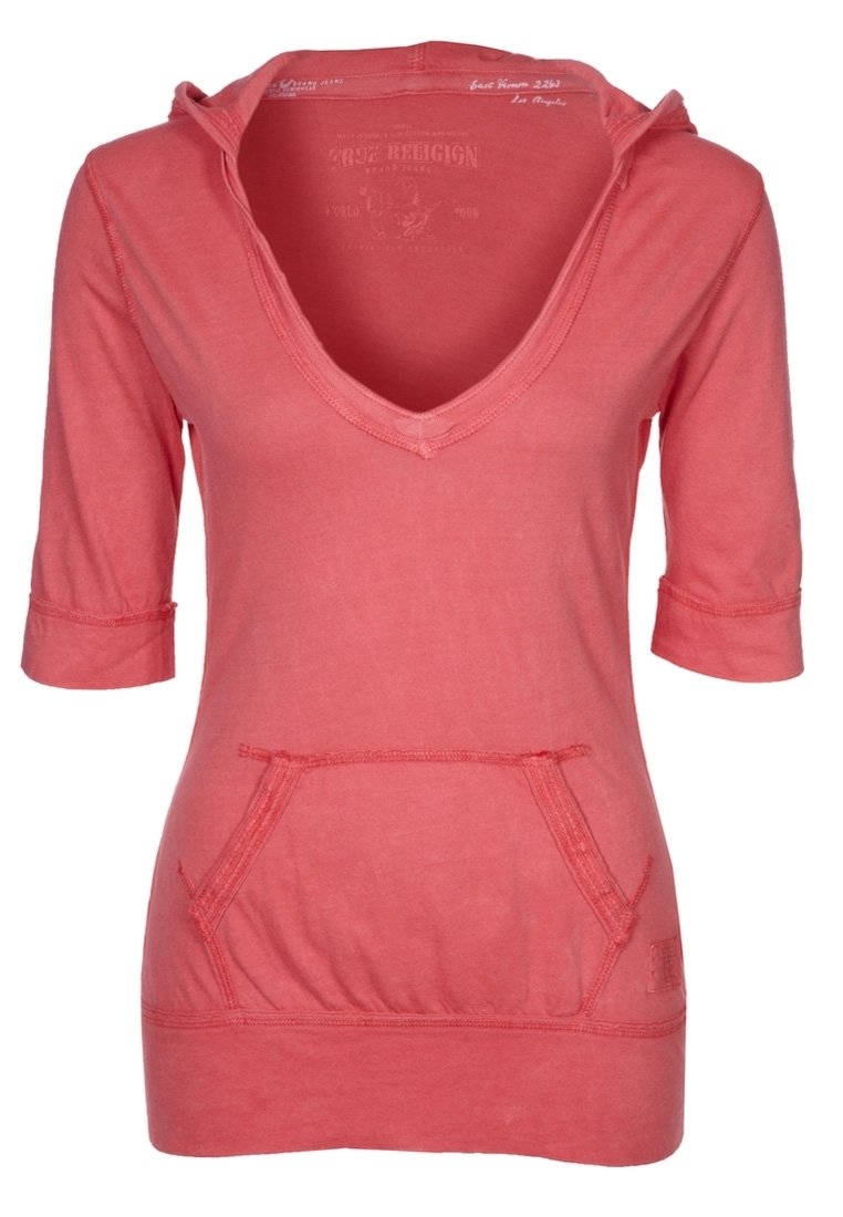 Korallrosa hoodie med trekvartsärmar, V-ringning, framficka och textilstruktur. Kontraststickningsdetaljer.