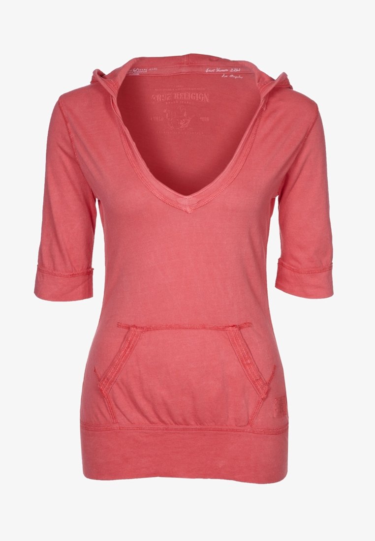 Koraalroze hoodie met driekwartmouwen, V-hals, voorzak en textielstructuur. Contraststeekdetails.