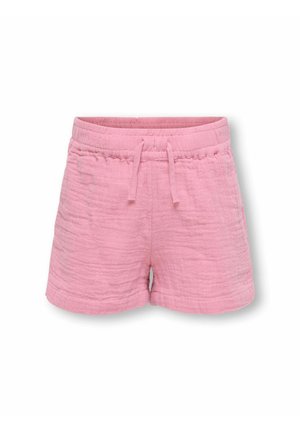 Pink shorts made of textured fabric with an elastic waistband and adjustable drawstring. Features a relaxed fit and above-knee length.