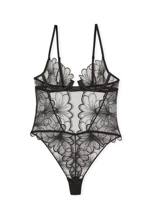 Czarny przezroczysty koronkowy body z kwiatowym haftem, regulowanymi ramiączkami, miseczkami z fiszbinami i wycięciem na wysokim stanem.