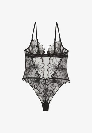 Czarny przezroczysty koronkowy body z kwiatowym haftem, regulowanymi ramiączkami, miseczkami z fiszbinami i wycięciem na wysokim stanem.