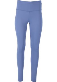 Leggings bleus avec une taille haute, fabriqués dans un matériau lisse et extensible. Présentent une couture minimale et une coupe ajustée.