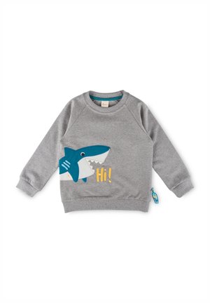 Grauer Kinder-Sweatshirt mit einer blauen Hai-Grafik und dem Wort "Hi!" in Gelb auf der Vorderseite, mit gerippten Bündchen und Saum.