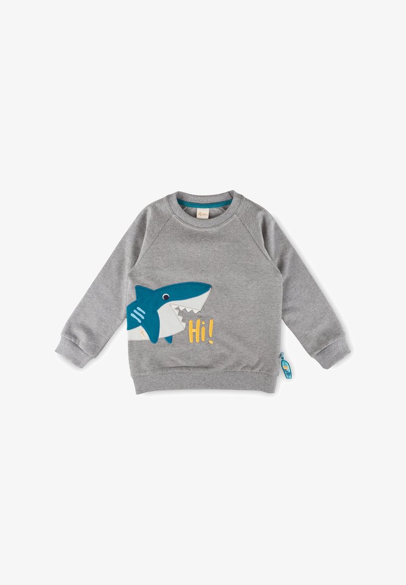 Felpa grigia per bambini con grafica di uno squalo blu e la parola "Ciao!" in giallo sul davanti, polsini e orlo a costine.