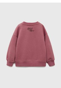 Sweatshirt rose avec un col rond, des poignets et un ourlet côtelés. Présente un logo brodé "Minnie Mouse" sur le haut du dos. Texture douce.