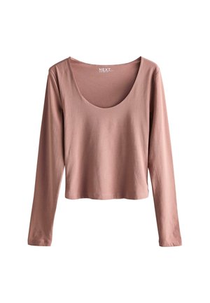 Long-sleeve, scoop neck top in a soft pink fabric. The design features a relaxed fit with smooth seams and a lightweight texture.