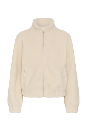Veste en polaire sherpa couleur crème avec fermeture éclair intégrale à l'avant, col montant, manches longues et deux poches latérales.
