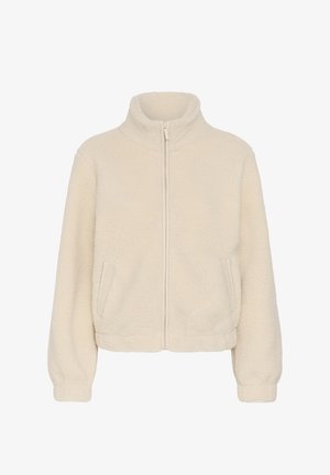 Veste en polaire sherpa couleur crème avec fermeture éclair intégrale à l'avant, col montant, manches longues et deux poches latérales.