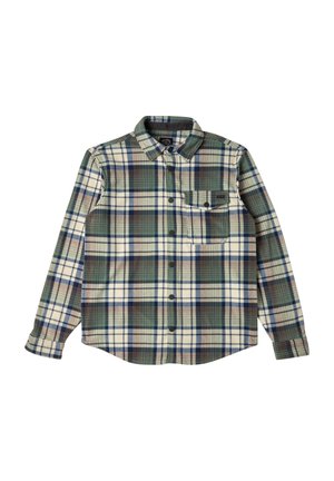 Long-sleeve shirt in plaid pattern featuring green, blue, beige, and brown colors; made from a soft, textured fabric; includes a chest pocket.