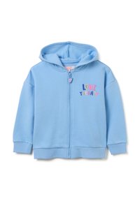 Helleblaue Zip-Hoodie aus weichem Baumwollmaterial, mit einer Fronttasche, gerippten Bündchen und dem aufgestickten Schriftzug "LOVE THERAPY" in bunten Buchstaben.
