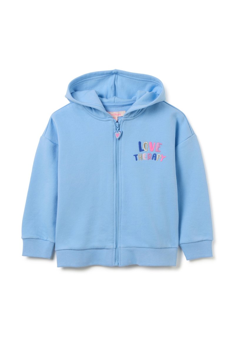 Helleblaue Zip-Hoodie aus weichem Baumwollmaterial, mit einer Fronttasche, gerippten Bündchen und dem aufgestickten Schriftzug "LOVE THERAPY" in bunten Buchstaben.
