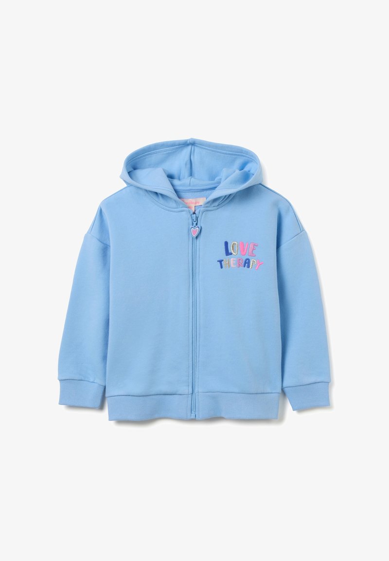 Sudadera azul claro con cremallera hecha de suave algodón, que cuenta con un bolsillo frontal, puños acanalados y "LOVE THERAPY" bordado en letras de colores.