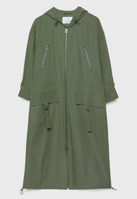 Olive green hooded jacket made of lightweight fabric, featuring front zipper, two chest pockets, and adjustable waist and sleeve cuffs.