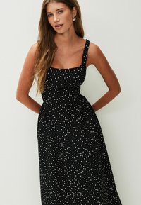 Black dress with white polka dots, square neckline, wide straps, fitted bodice, and flowing skirt. Smooth fabric with a soft texture.