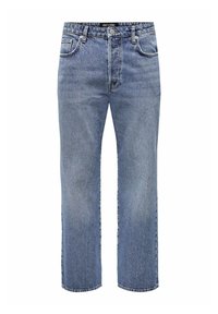 Jean en denim bleu clair, à jambe droite. Comprend cinq poches, une fermeture éclair et un bouton. Texture usée avec un léger délavage.