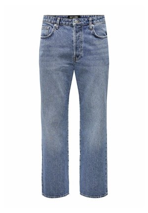 Jeans din denim, de culoare albastru deschis, cu croială dreaptă. Au cinci buzunare, fermoar și închidere cu nasture. Textură uzată cu o ușoară decolorare.