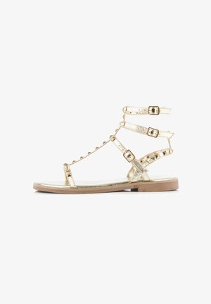 Gold metallic flat sandals with multiple ankle straps, buckle accents, and a flat wooden sole. Features a textured finish and pointed toe design.
