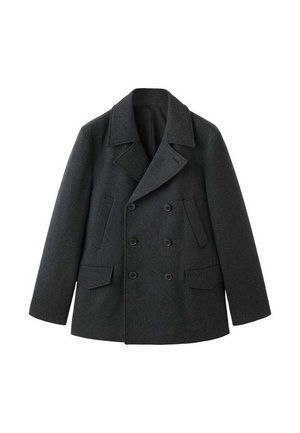 Abrigo tipo peacoat de lana gris oscuro con diseño de doble botonadura, solapas anchas, dos bolsillos frontales y acabado texturizado.