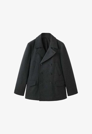 Dark gray wool peacoat featuring a double-breasted design, wide lapels, two front pockets, and a textured finish.