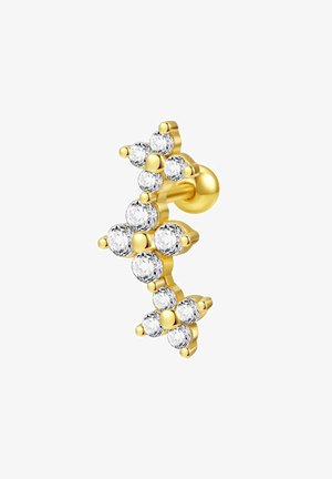 Gouden oorbel met een clusterontwerp, bestaande uit negen heldere rhinestones die in een bloemmotief zijn gerangschikt. Gepolijste afwerking met afgeronde randen.
