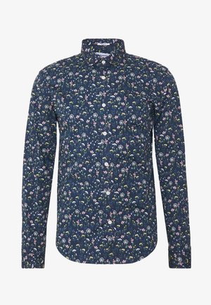 Granatowa dopasowana koszula z długim rękawem, białymi guzikami i drobnym, wielokolorowym wzorem kwiatowym w kolorach różowym, żółtym i białym.