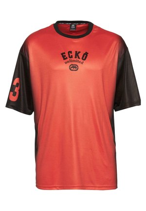 Red and black short-sleeve T-shirt, made of smooth fabric, featuring the logo "ECKŌ unlimited" and the number "3" on the sleeve.