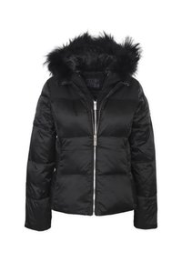 Giubbotto piumino nero con zip frontale, dotato di cappuccio removibile decorato con pelliccia sintetica nera. Esterno liscio e lucido con pannelli trapuntati.