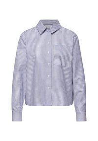 Chemise à manches longues avec boutons, rayée verticalement en bleu et blanc, et une poche poitrine contrastante à rayures horizontales.