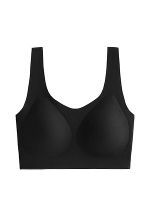 Fekete bralette széles pántokkal, sima textúrával és formázott kosarakkal. Egyszerű, díszítésektől mentes dizájn, amely alkalmas rétegezéshez vagy hétköznapi viselethez.