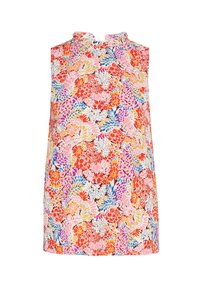 Top senza maniche floreale con un collo alto in un tessuto leggero. Presenta un motivo vivace di fiori rossi, rosa, arancioni e blu.