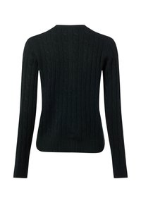 Czarny sweter z dzianiny z wzorem w warkocze, z długimi rękawami oraz ściągaczami przy mankietach i u dołu. Gładka faktura, dopasowany krój oraz okrągły dekolt.