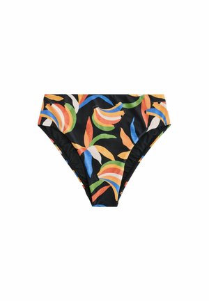 Braguitas de bikini de talle alto con patrones abstractos de hojas y plátanos en colores naranja, azul, verde y blanco sobre un fondo negro.