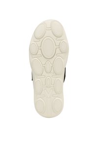 Semelle en caoutchouc blanche avec une surface texturée, présentant des motifs circulaires et ovales, et un logo près de la zone du talon.