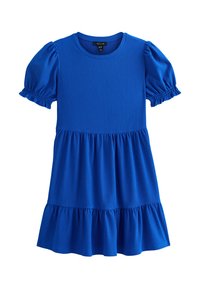 Abito blu con maniche corte a sbuffo, tessuto testurizzato, scollatura rotonda e orlo a balze stratificate. Design semplice e casual.