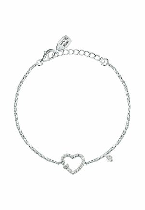 Silbernes Gliederarmband mit einem herzförmigen Anhänger, besetzt mit kleinen Kristallen, und einem Karabinerverschluss mit verstellbarer Verlängerungskette.