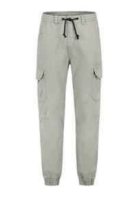 Hellgraue Cargo-Hosen mit elastischem Bund, Kordelzug und mehreren Seitentaschen. Schmal zulaufendes Bein mit gerippten Bündchen an den Knöcheln.