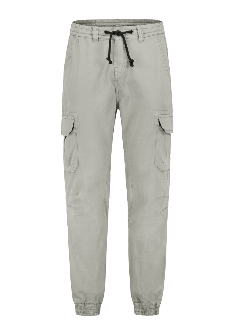 Hellgraue Cargo-Hosen mit elastischem Bund, Kordelzug und mehreren Seitentaschen. Schmal zulaufendes Bein mit gerippten Bündchen an den Knöcheln.