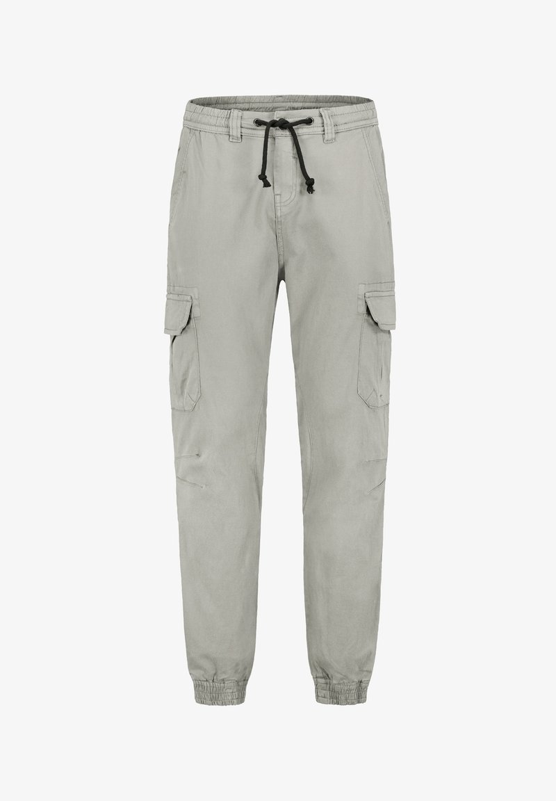 Hellgraue Cargo-Hosen mit elastischem Bund, Kordelzug und mehreren Seitentaschen. Schmal zulaufendes Bein mit gerippten Bündchen an den Knöcheln.